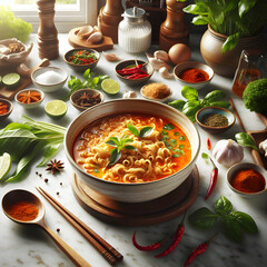 Khao Poon Red Curry Noodle Soup with Fresh Herbs