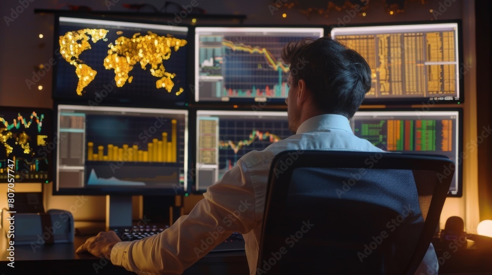 Aufkleber A businessman analyzing gold market data on a desktop computer with multiple monitors displaying charts and graphs, symbolizing investment expertise.