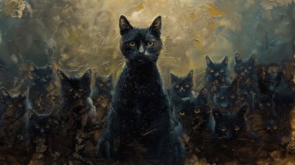 Engaging portrait of a black cat poised confidently among many, illustrating the strength of standing alone and the valor to lead