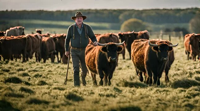 Farmer und eine Herde Galloway Rinder