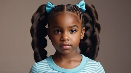 young African American girl with her hair styled in braids, accented with cute blue hair bows. perfect for educational content, children’s advertising or any project emphasizing youth and tranquility