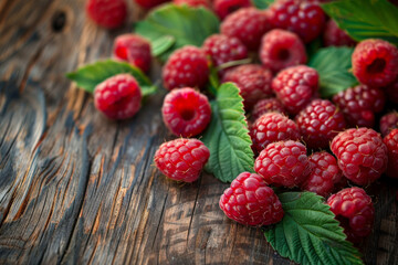 Rustic background with freshly picked ripe raspberries and leaves. Locally grown summer delicious, tasty and healthy berries