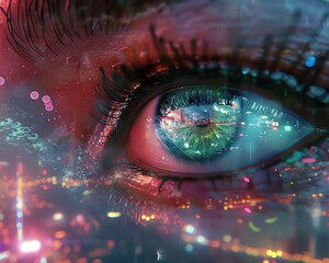 Capture a surreal, close-up shot of a travelers eyes reflecting dreamy landscapes and futuristic cityscapes, blending utopian ideals Use vibrant colors and intricate digital CG 3D techniques to bring 