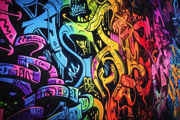 Capture the grandeur of sprawling graffiti murals, illustrating complex mathematical equations, bathed in vibrant neon glows Show intricate details that blend street art with a futuristic twist