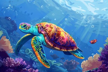 colorful turtle underwater in the sea illustration
