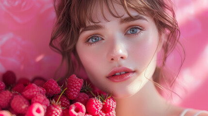 lovely girl holding a bunch of fresh raspberries on pink.