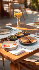 Healthy Mediterranean dishes at an open-air cafe table.