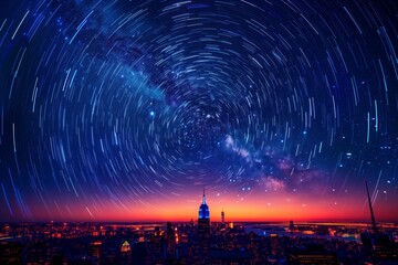 Fototapeta premium Long exposure of star trails over New York City skyline