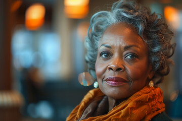 Obraz premium Mature African American woman in hotel lobby, discerning customer awaiting personalized service, experiencing top-tier hospitality.