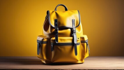 yellow backpack is presented against a uniform yellow background. Back to school, travel and vacation concept