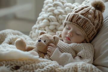child sleeping on a pillow, Adorable Sleeping Baby in Knitted Hat and Soft Blanket in winter