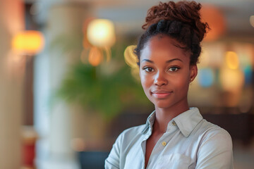hotel employee african american woman in hotel reception, handling administrative tasks efficiently behind the reception desk
