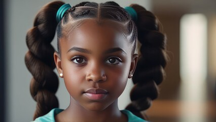 young African American girl with her hair styled in braids, accented with cute blue hair bows. perfect for educational content, children’s advertising or any project emphasizing youth and tranquility