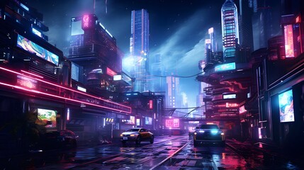 Night view of a modern city at night with neon lights and cars.