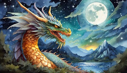 Dragon against Mystical Surreal Moonscape