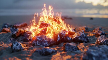 A fire is burning on a beach with rocks around it