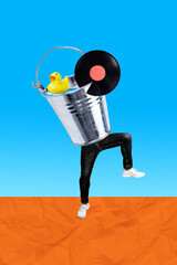 Sketch image photo collage of bodyless person icognito wear metal basket water toy duck vinyl recorder music play carefree reto party