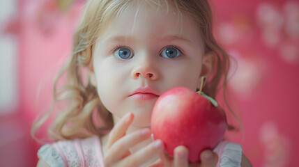 Fototapeta na wymiar sweet girl grasping a small apple on pink background.