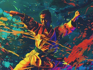 Capture a mesmerizing scene of a Martial Arts master in action, transformed into a Pop Art masterpiece with bold strokes and vivid hues Experiment with unconventional camera angles to add a sense of d