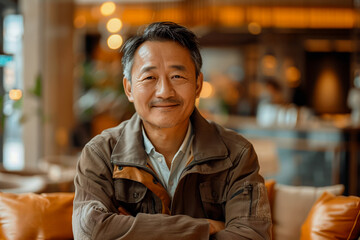 mature asian man in hotel lobby, senior guest enjoying luxury resort amenities, vacation getaway, leisure activities
