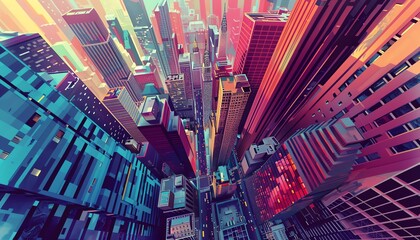 Capture the essence of Cubism with a high-angle view of a dynamic cityscape, showcasing geometric shapes and vibrant colors Explore unexpected camera angles to emphasize the movement and energy of the
