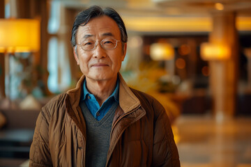 mature asian man in hotel lobby, senior traveler organizing trip itinerary, travel documentation, journey planning