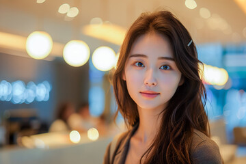 Obraz premium asian woman in hotel lobby, person enjoying relaxation in indoor hall, customer awaiting service, traveler in hotel waiting area