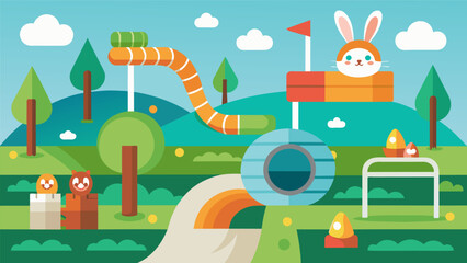 Naklejka premium A virtual playground for your rabbit complete with tunnels ramps and obstacles to explore.. Vector illustration