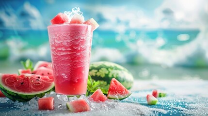 A refreshing watermelon smoothie in a tall glass, garnished with fresh watermelon pieces, surrounded by crushed ice and whole watermelons against a bright, sunny beach backdrop.