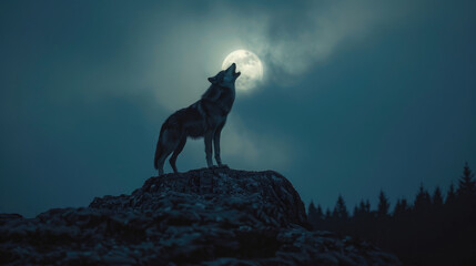 A wolf standing on top of the hill howling at the full moon