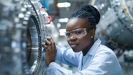 Empowered African American woman aerospace engineer contributing to aircraft or spacecraft components. Concept Black Women in Aerospace, Aerospace Engineering, Spacecraft Components, Empowerment