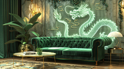 A sumptuous living room features a green velvet sofa set against a unique wall with a detailed neon dragon pattern.