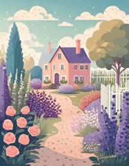 Overflowing cottage garden with a mix of roses, lavender, and foxgloves