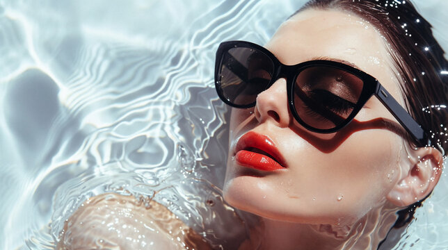 Portrait of a model laying in water wearing dark sleek sunglasses. Beautiful woman in fashion editorial style 
