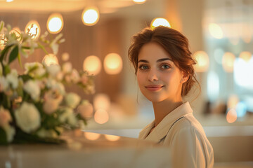 Obraz premium woman in hotel reception, concierge offering travel advice and assistance to visitors.