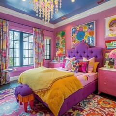 A vibrant and joyful girls' room filled with bold colors, and playful patterns