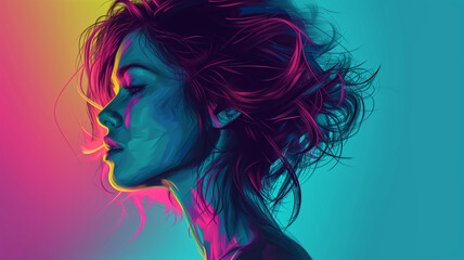 Artistic digital portrait of a young woman with vibrant neon colors against a dark background, evoking a sense of dreamy beauty.
