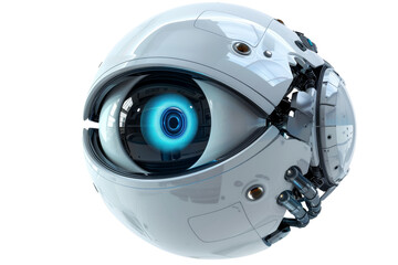 A robot eye with a blue iris, science fiction, isolate on white background.