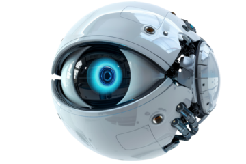 A robot eye with a blue iris, science fiction, isolate on white background.