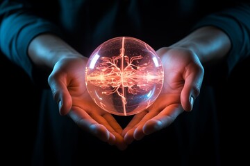 Human hands holding transparent, glowing orb representing an AI brain