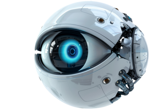 A robot eye with a blue iris, science fiction, isolate on white background.