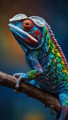 Immerse yourself in the enchanting sight of a colorful chameleon against a deep blue canvas, where its hues blend and contrast in a stunning display of natural artistry.