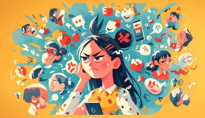 A cartoon illustration of a stressed out mom surrounded by kids, work pitches and mobile phones with angry faces