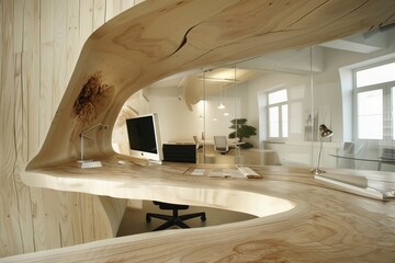modern creative workspace office interior with wood laminate flooring and wooden furniture