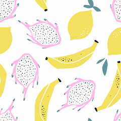 Seamless pattern with lemon, banana and pitahaya fruit on white background. Illustration for printing on clothing, packaging paper, postcards