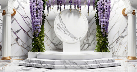 Marble stone scenic product podium surrounded by wisteria Template Poster Post background Studio Background Generative AI