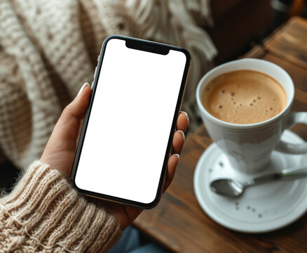 Woman holding mobile phone with blank screen and coffee cup overhead shot, mock-up for social media marketing design in coffee shop setting