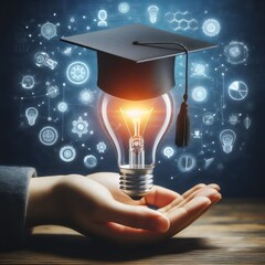 Hand holding a light bulb with graduation hat, concept of graduation, creativity, knowledge
