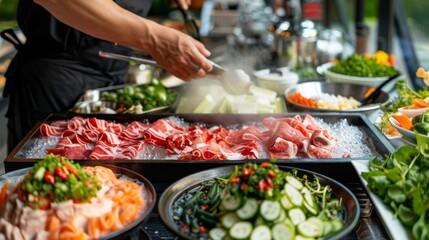 A chef preparing a traditional hot pot dish, arranging fresh vegetables and thinly sliced meat in a beautifully organized display, highlighting culinary artistry.