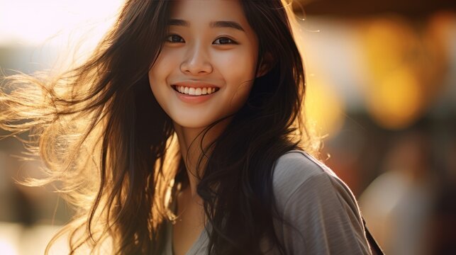 portrait of a young Asian woman with mischievous eyes and a playful smile. 